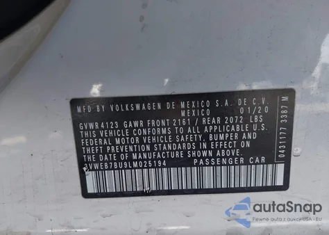 2020 Volkswagen Jetta 1.4T Sel z USA, uszkodzony, nr VIN 3VWEB7BU9LM025194